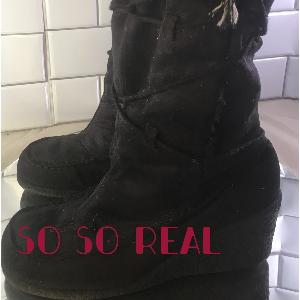 SO So Real Black Leather Fur Lined Lace Up Wedge Boots Womens 8.5